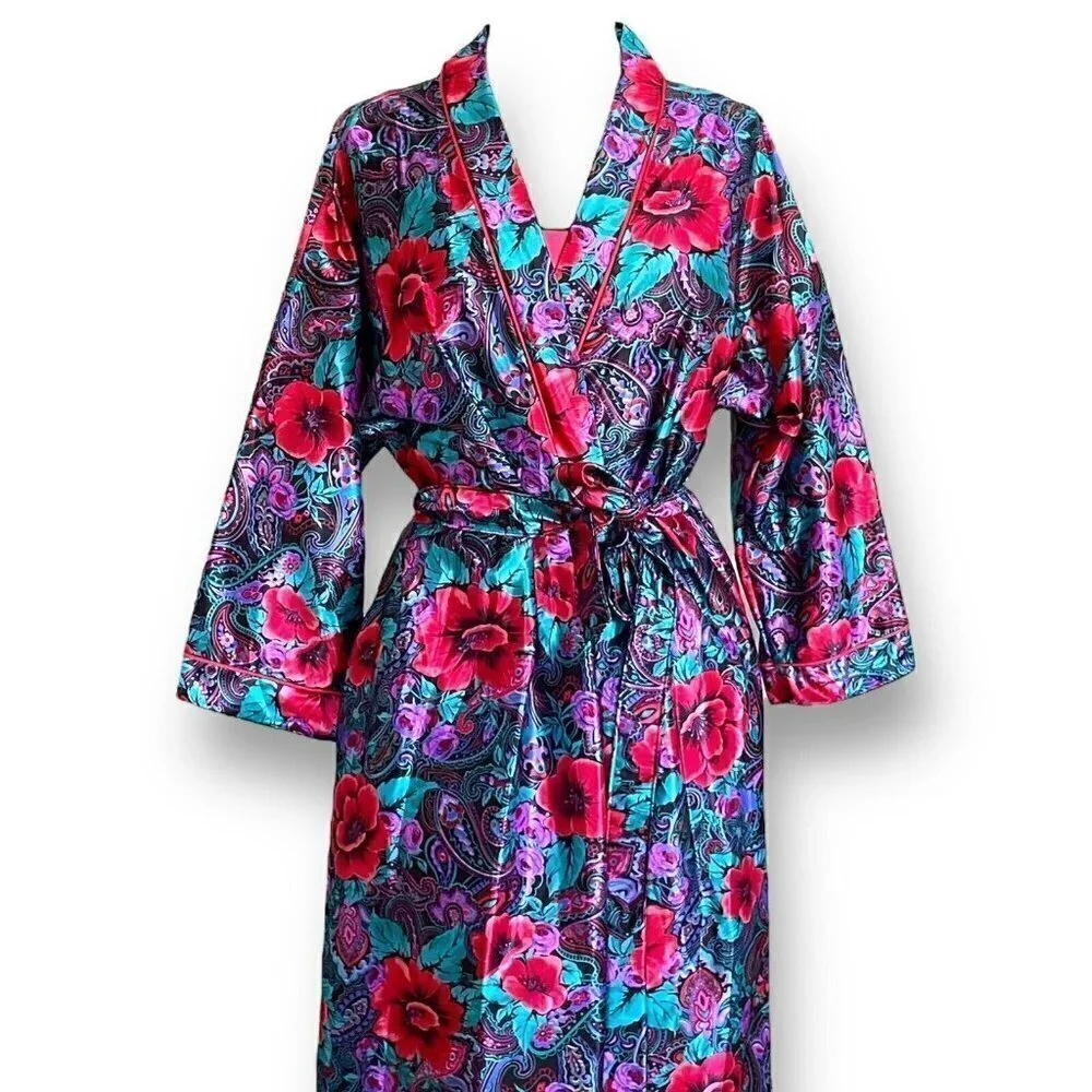 Vintage 1980s Lorraine Robe Nightgown Peignoir Set S M Red Purple Floral Paisley
